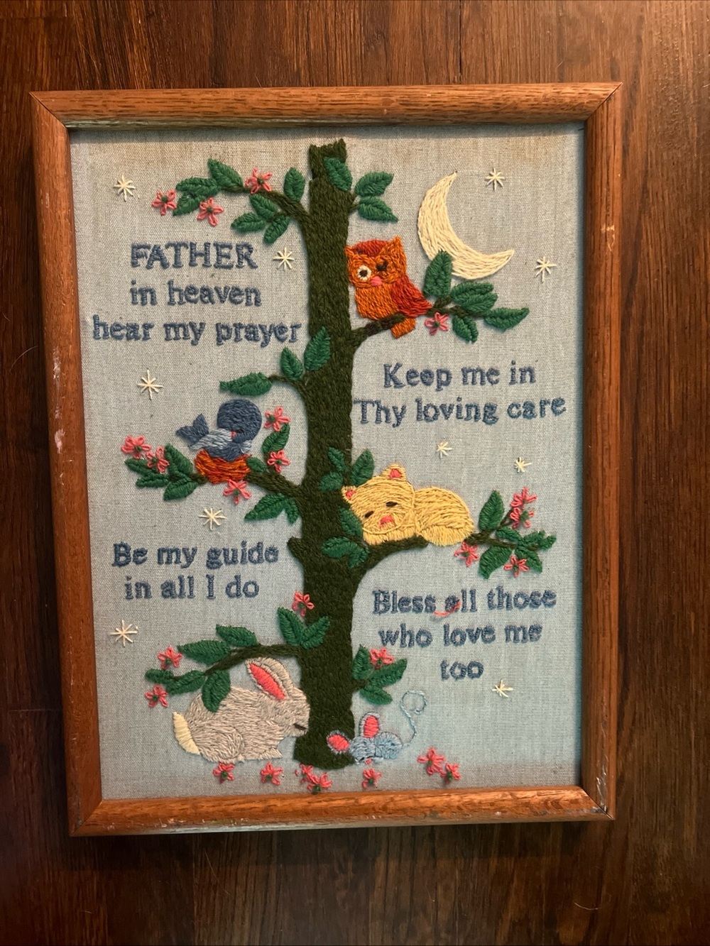 Vintage Hand-Embroidered Nursery Wall Art Woodland animals Children’s prayer